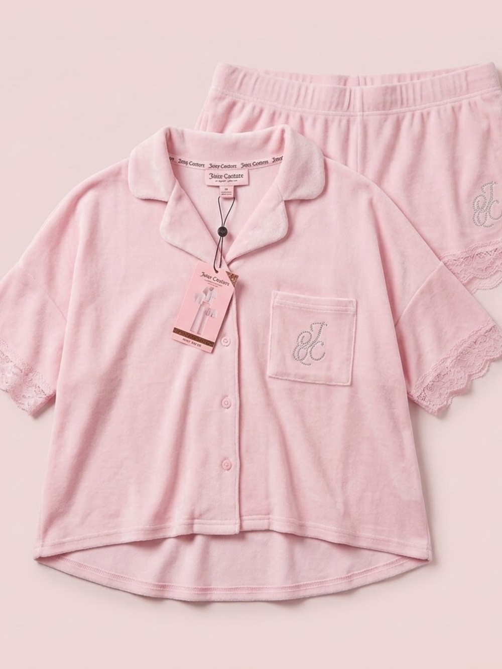 NWT Juicy Couture Light Pink Lace Trim Short-Sleeve Pajama Top with Rhinestones